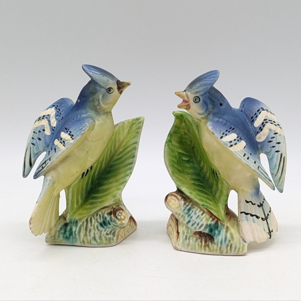 Vintage Enesco Ceramic Blue Jay Blue Green Salt & Pepper Shakers